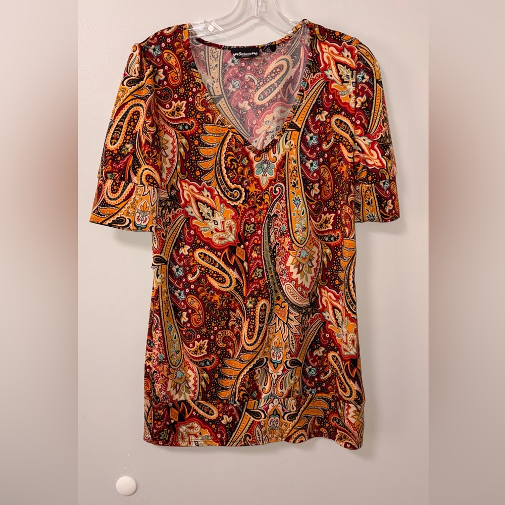 Sixteen Stretch Orange Red Paisley y2k v neck top boho fall‎ vibes L